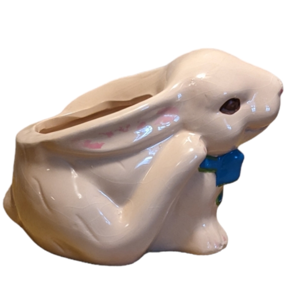 Scratching Easter Bunny Rabbit Painted Porcelain Planter Storage Container